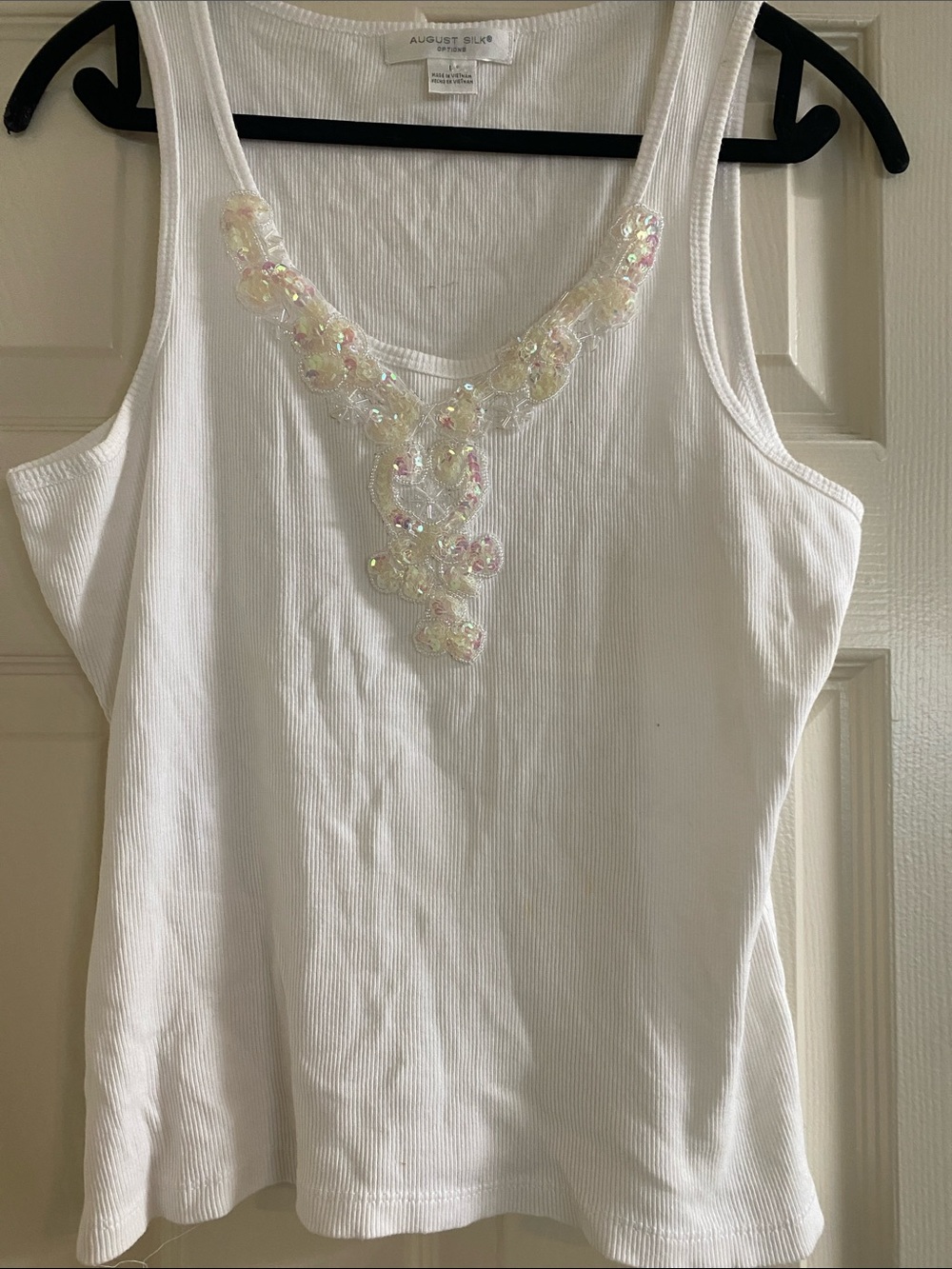 august silk White Ribbed Tank with Iridescent Sequin Applique